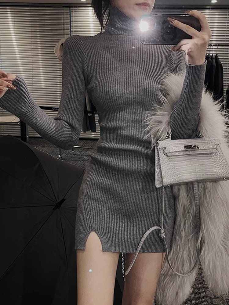 Bodycon Long Sleeve Ribbed Dress - Vestido Mini Bodycon de Punto para