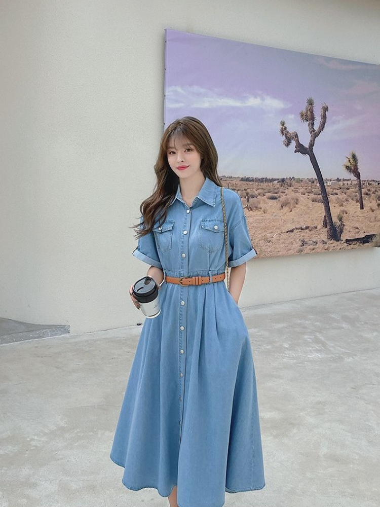 Korean Style A Line Shirt Dress - Vestido de mezclilla para mujer, estilo