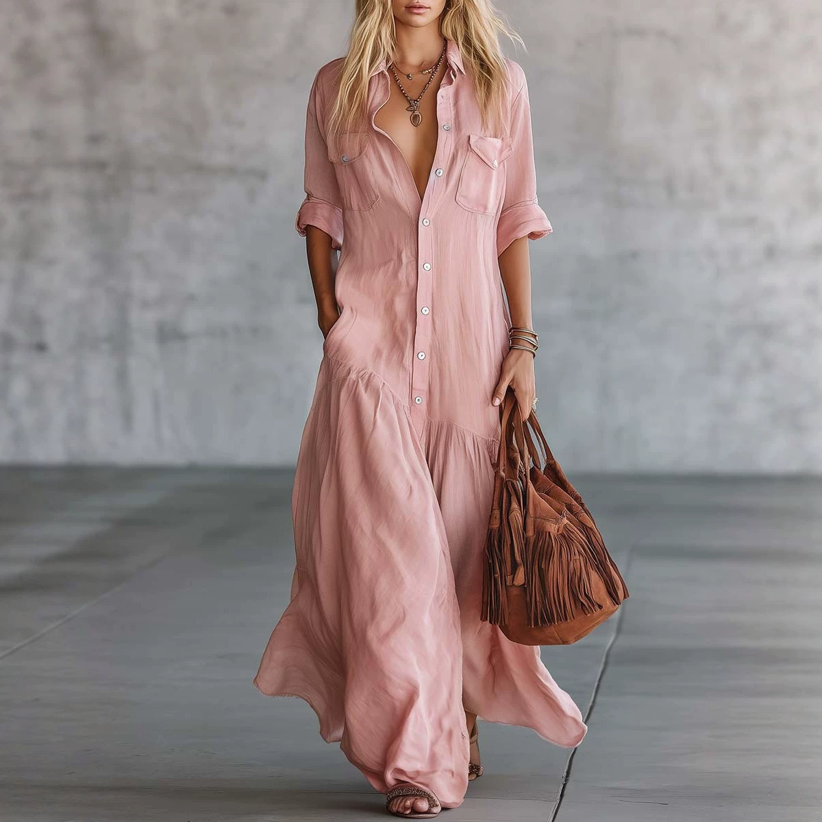 Casual Loose Linen Shirt Dress - Vestido Camisero Maxi de Lino y