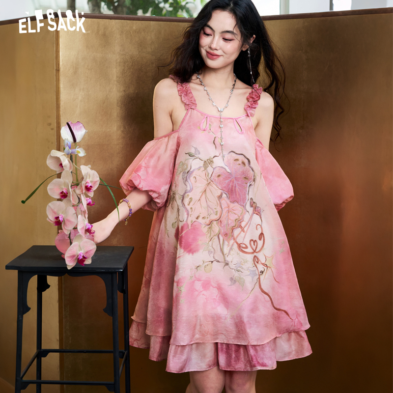 Off Shoulder Puff Sleeve Sundress - ELFSACK Vestido de gasa jacquard con