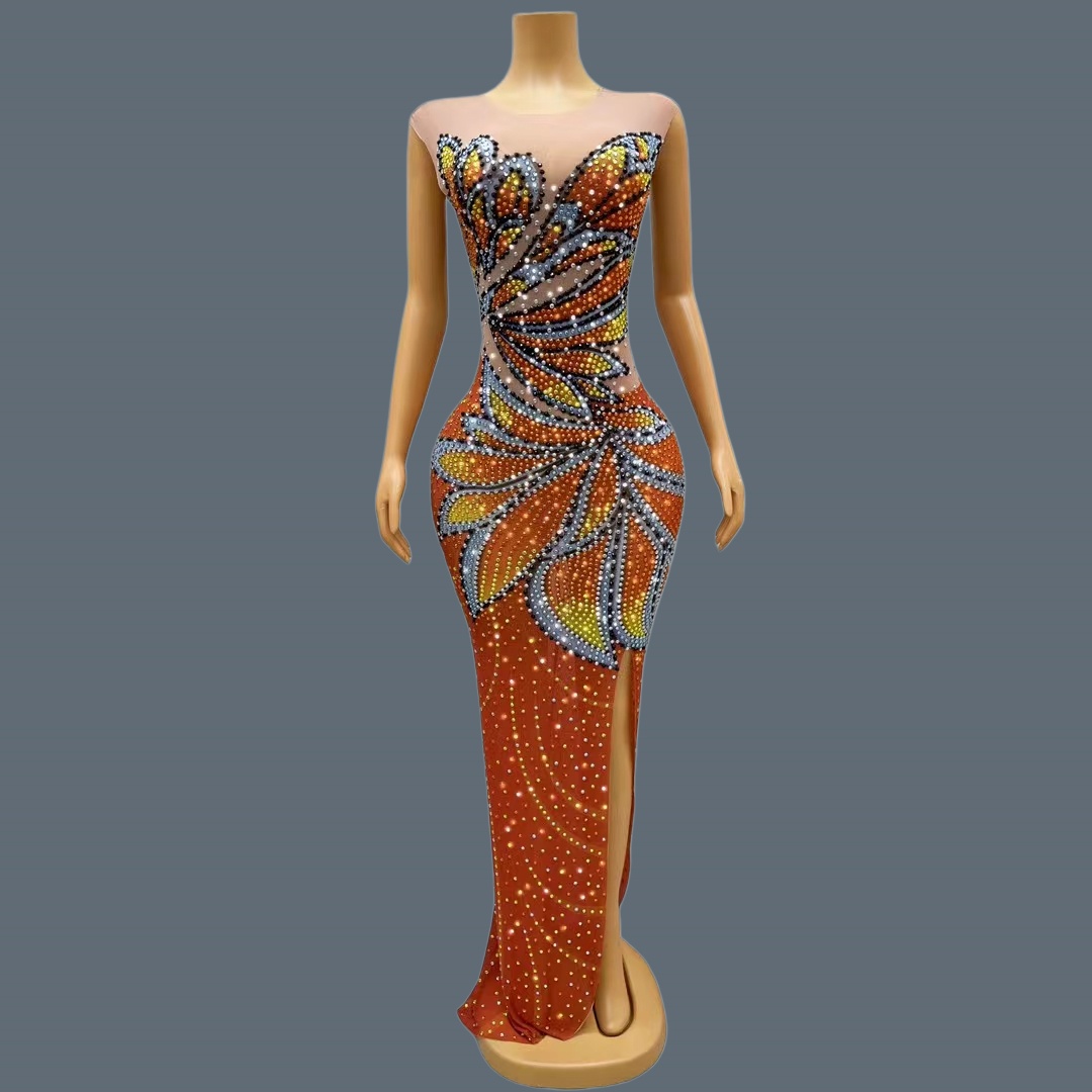 Sparkly Rhinestone Club Party Dress - Vestido Maxi de Malla sin Mangas