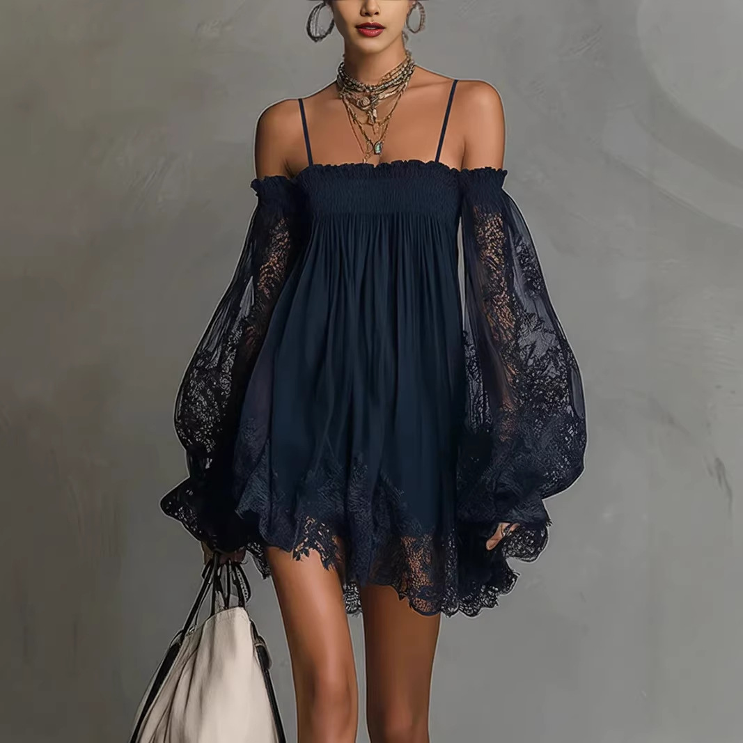 Off Shoulder Puff Sleeve Sundress - Vestido Mini de Encaje con Hombros