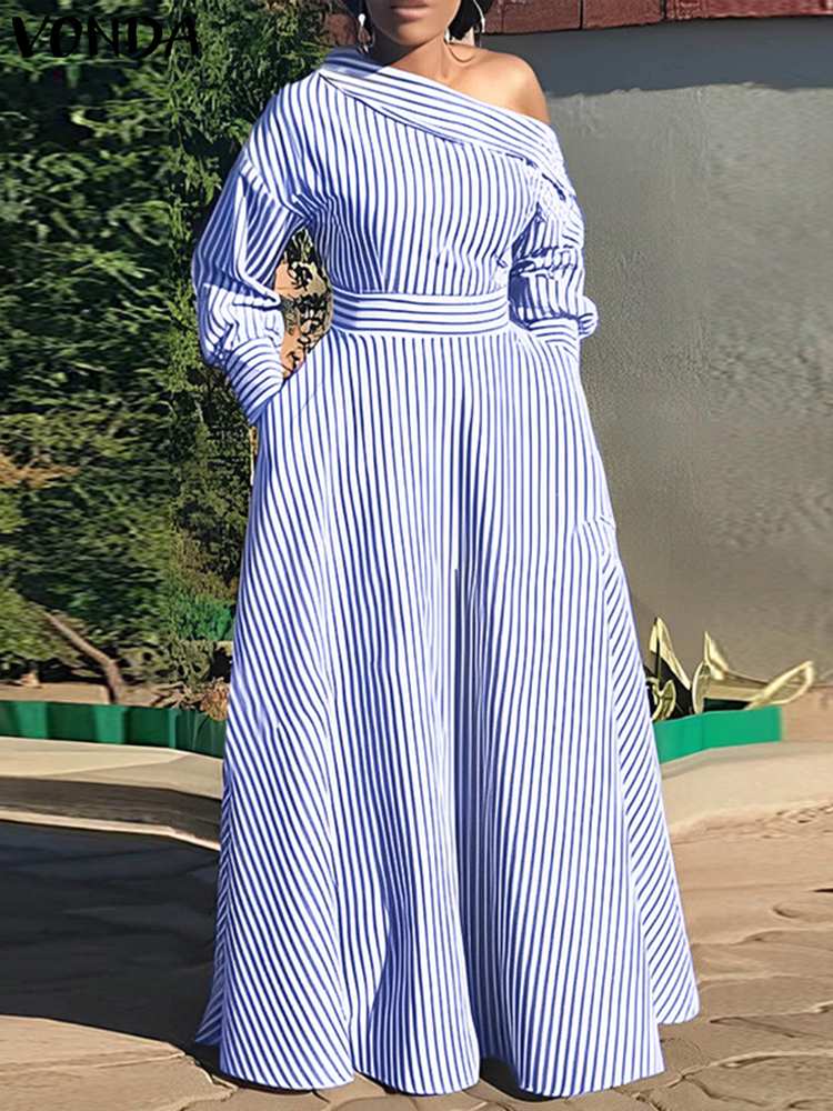 Off Shoulder Puff Sleeve Sundress - VONDA-Vestido largo a rayas para mujer,