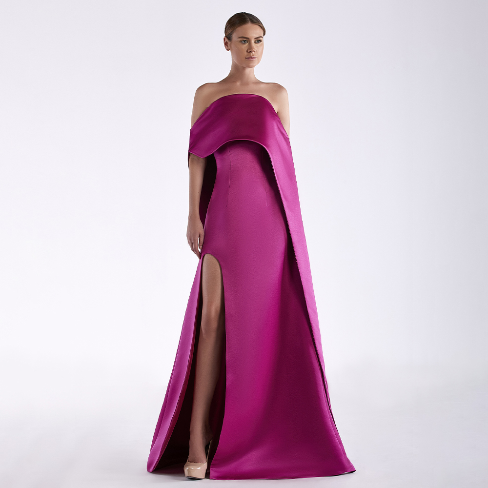 Elegant Satin Evening Gown Split - Vestido de noche de satén fucsia