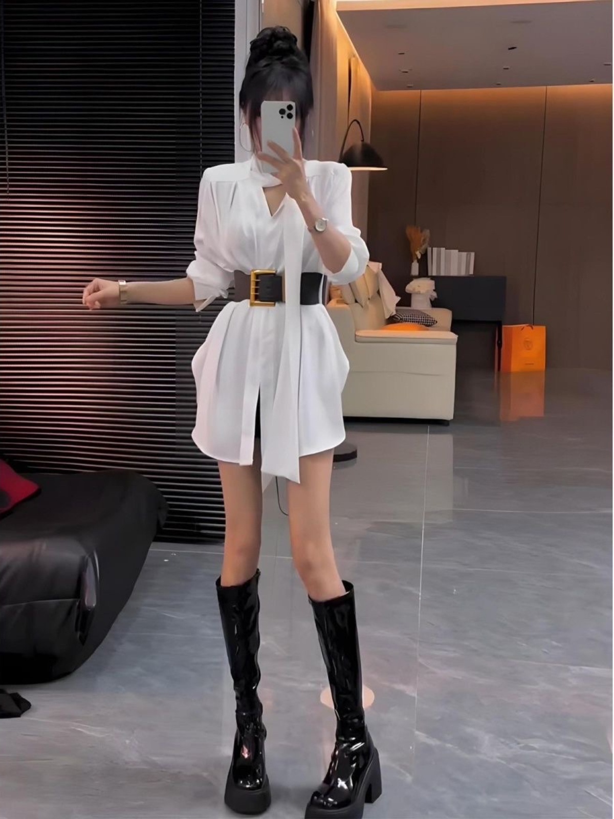 Korean Style A Line Shirt Dress - Vestido Camisero de Seda Blanco para
