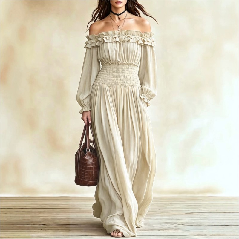 Off Shoulder Puff Sleeve Sundress - Vestido largo con volantes y hombros