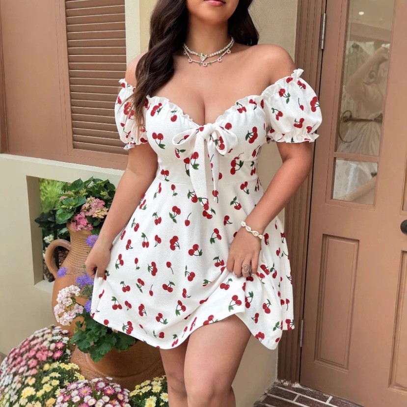 Off Shoulder Puff Sleeve Sundress - Vestido de verano para mujer, vestidos