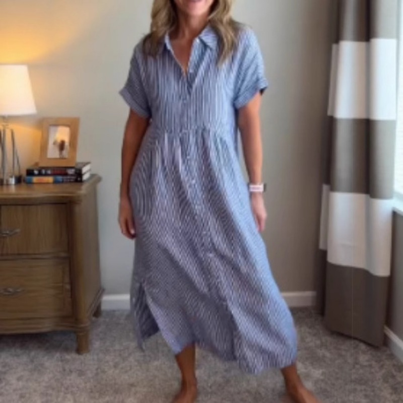 Casual Loose Linen Shirt Dress - Vestido Camisero a Rayas para Mujer,