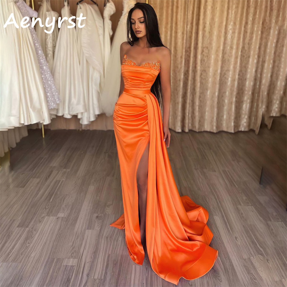 Elegant Satin Evening Gown Split - Aenyrst elegante sin tirantes sirena vestidos