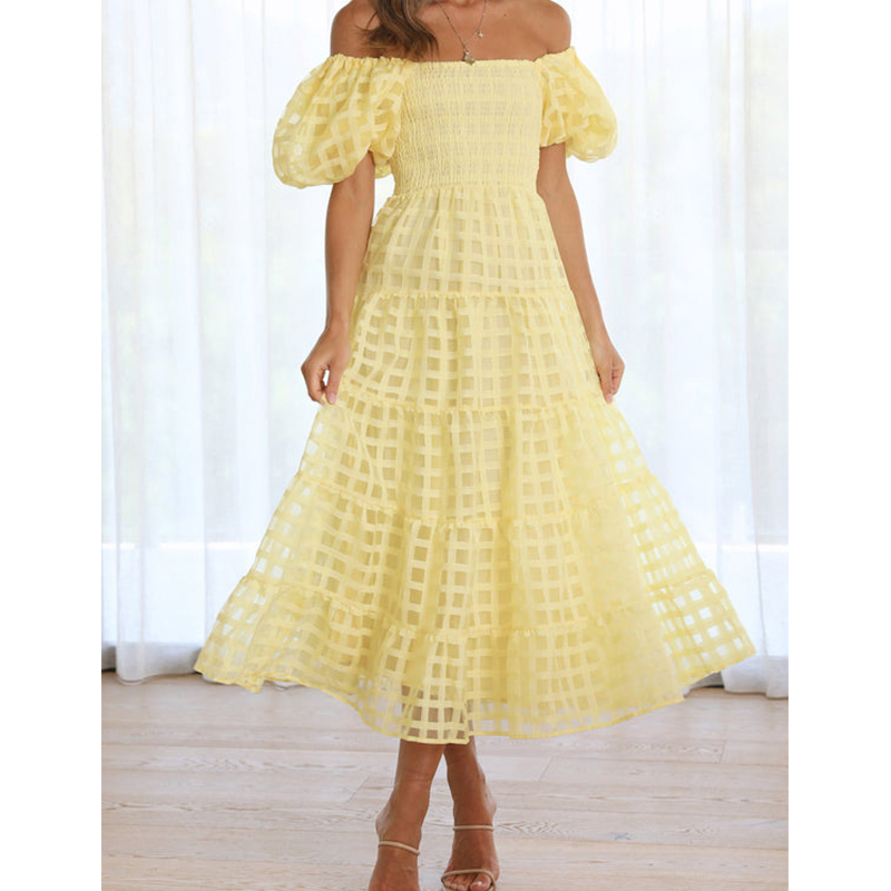 Off Shoulder Puff Sleeve Sundress - Vestido largo elegante de verano con