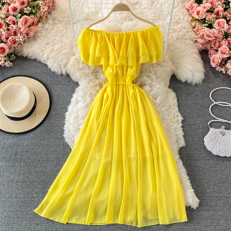 Vestido de playa liso amarillo - Off Shoulder Puff Sleeve Sundress reseña y precio