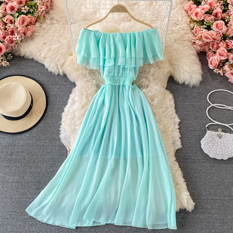 Vestido de playa liso amarillo - Off Shoulder Puff Sleeve Sundress reseña y precio