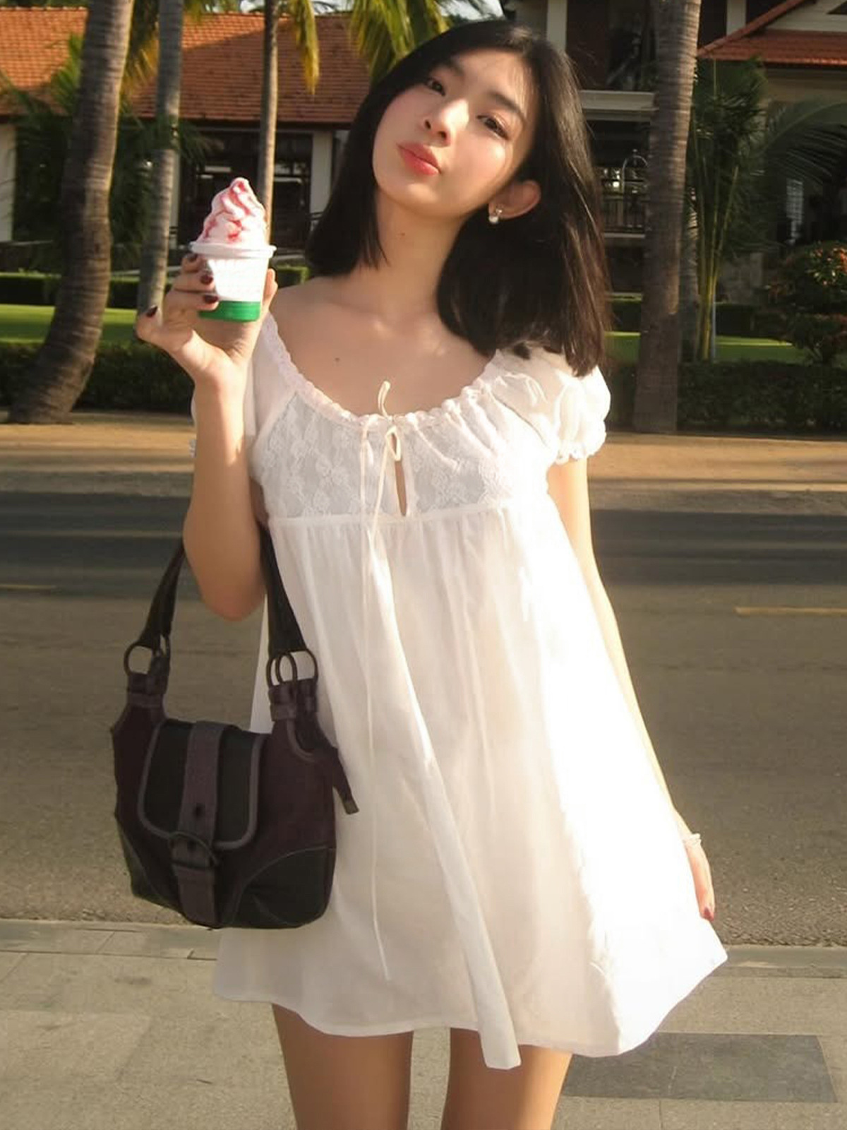 Vestido mini blanco de encaje  - Off Shoulder Puff Sleeve Sundress reseña y precio
