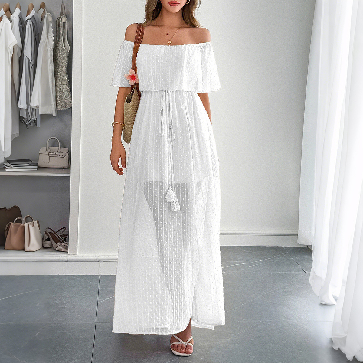 Elegante Vestido Largo Casual  - Off Shoulder Puff Sleeve Sundress reseña y precio