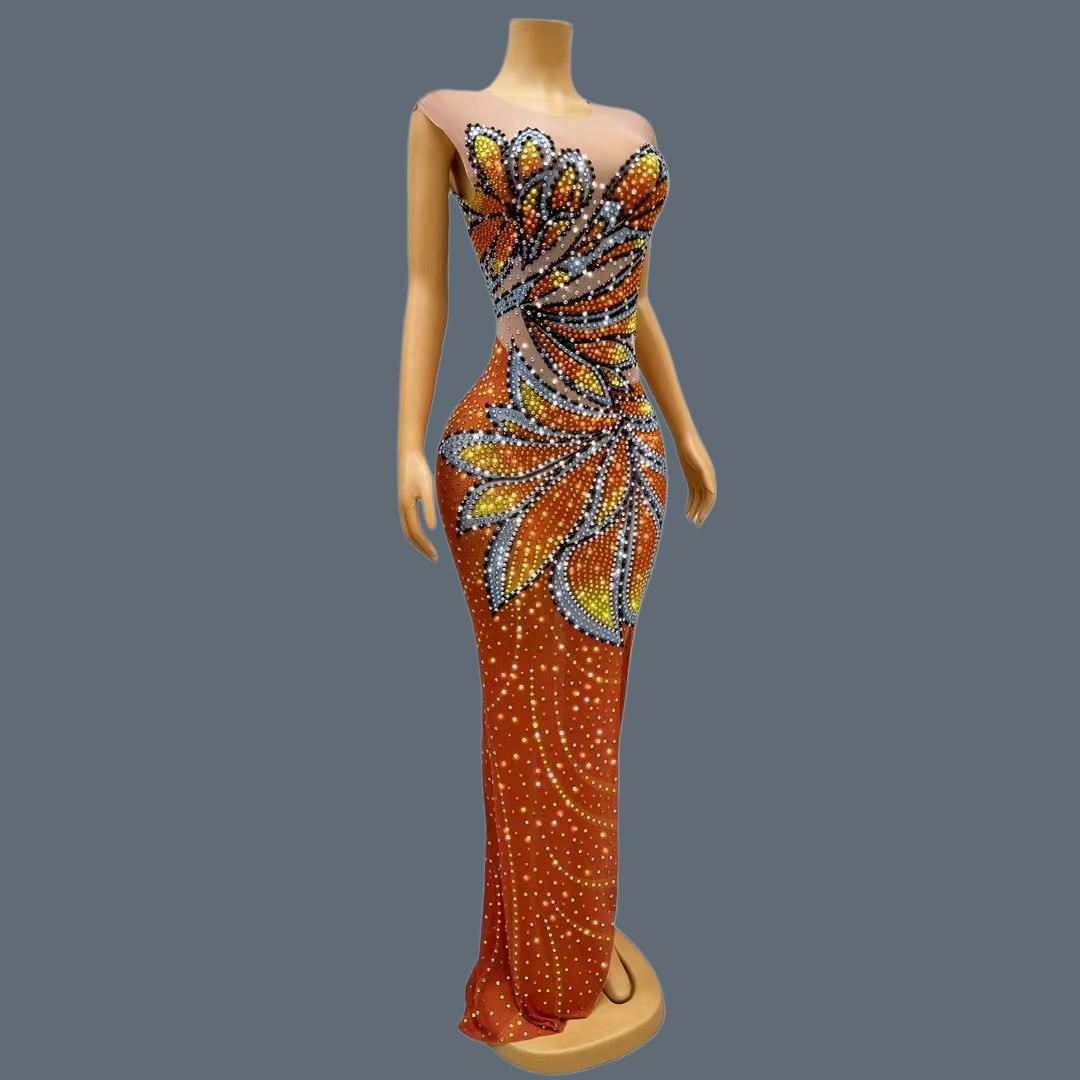 Vestido Maxi de Malla sin Mang - Sparkly Rhinestone Club Party Dress reseña y precio