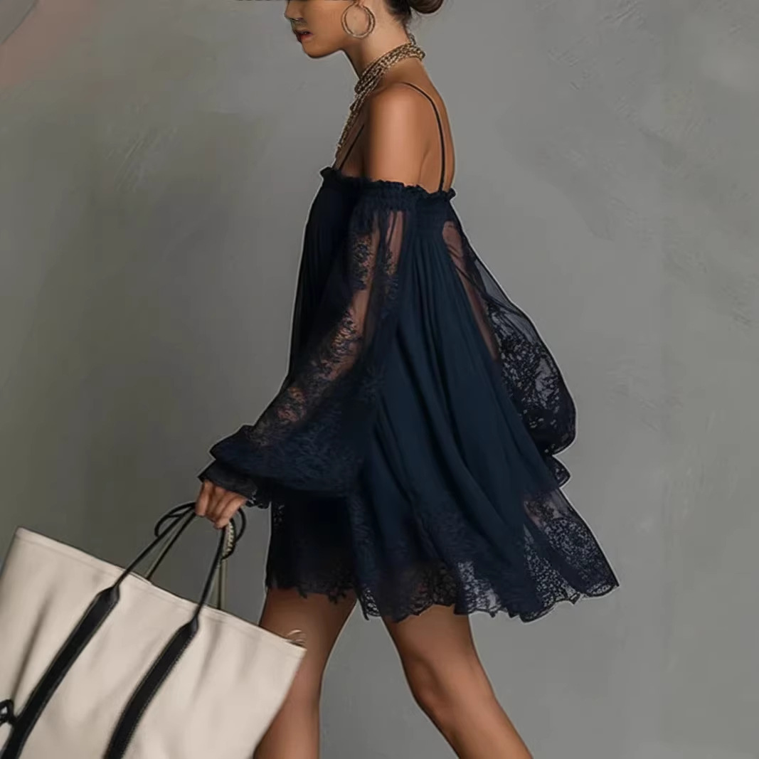 Vestido Mini de Encaje con Hom - Off Shoulder Puff Sleeve Sundress reseña y precio