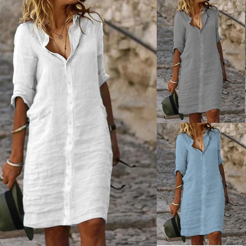 Vestido Camisero Midi Holgado  - Casual Loose Linen Shirt Dress reseña y precio