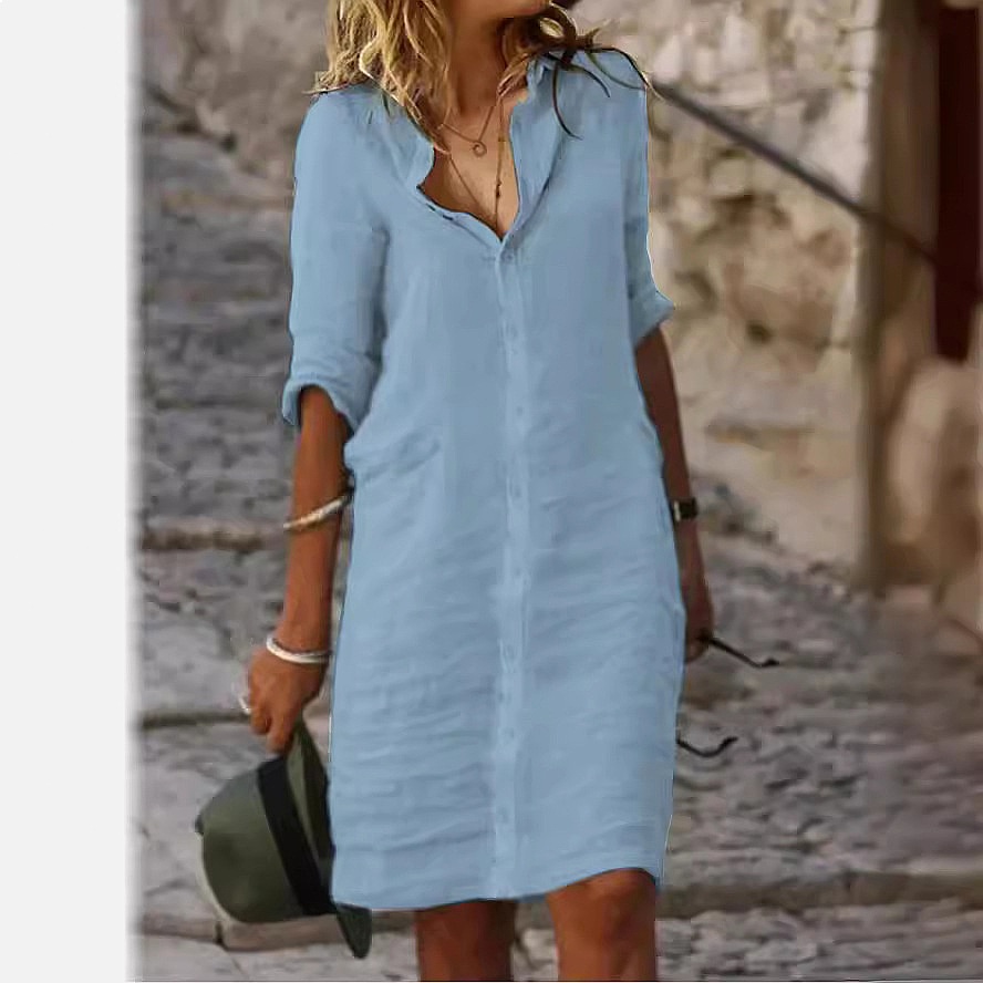 Vestido Camisero Midi Holgado  - Casual Loose Linen Shirt Dress reseña y precio