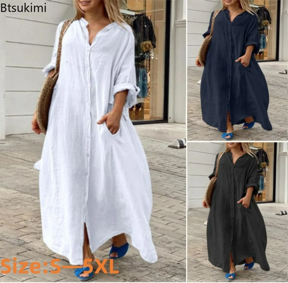 Vestido Largo Informal de Algo - Casual Loose Linen Shirt Dress reseña y precio