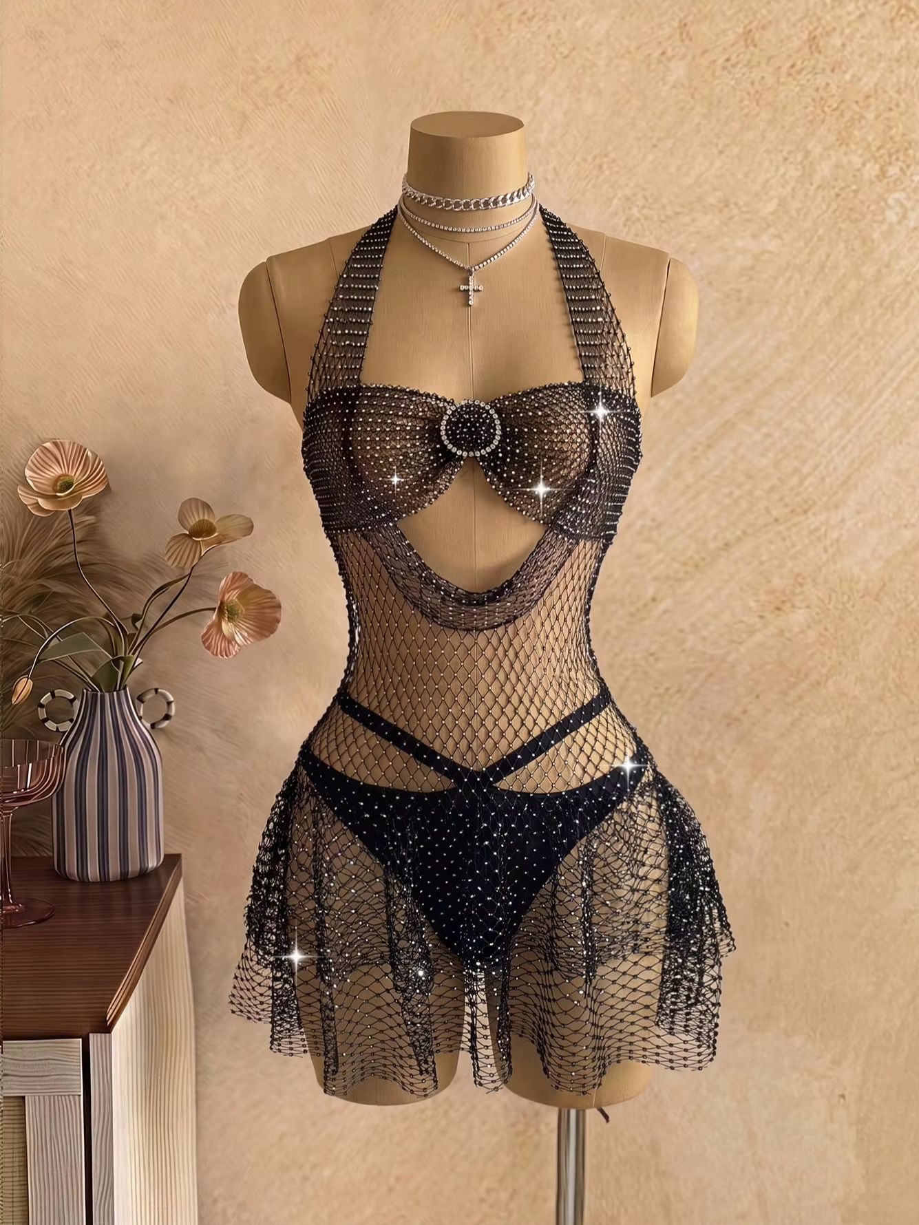 Vestido Halter de Malla con Pe - Sparkly Rhinestone Club Party Dress reseña y precio