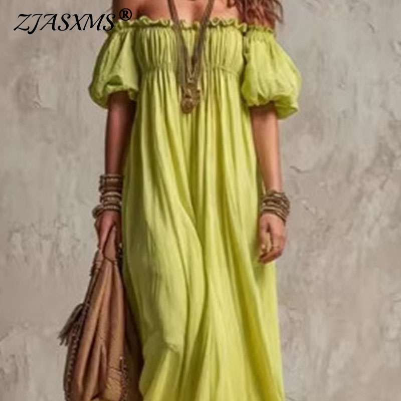 Vestido Maxi Casual de Verano  - Off Shoulder Puff Sleeve Sundress reseña y precio