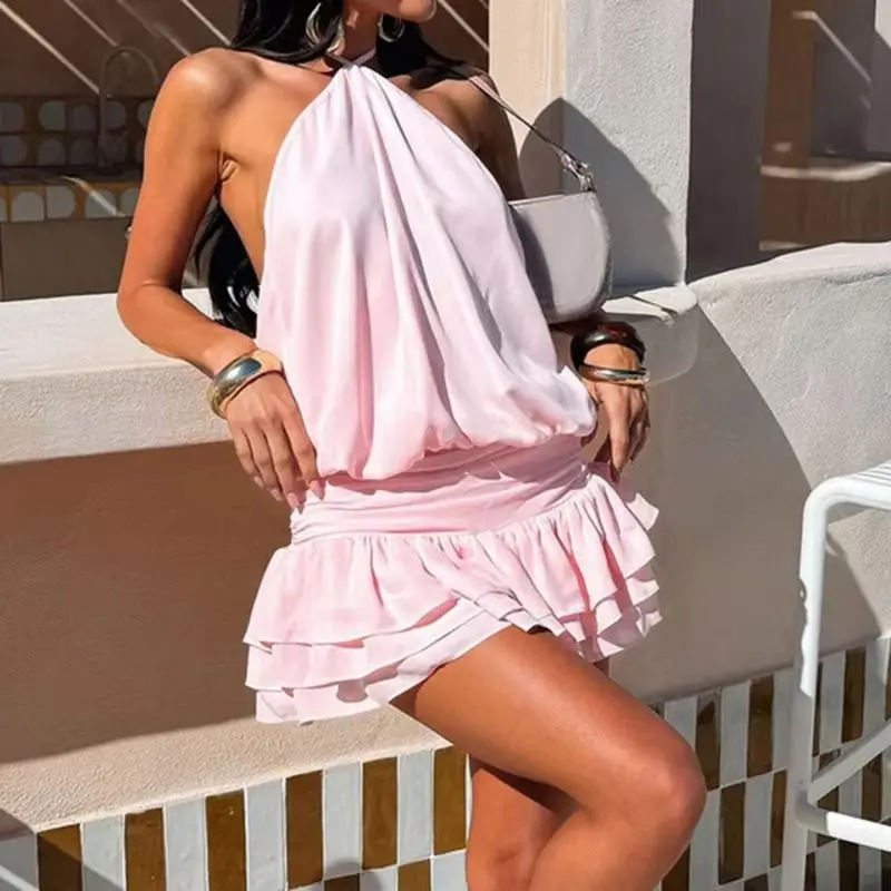 Minivestido Bandage liso elega - Y2K Backless Halter Mini Dress reseña y precio