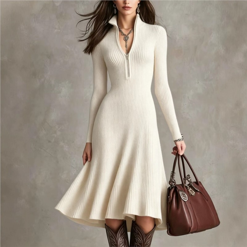 Vestido midi de punto acanalad - Bodycon Long Sleeve Ribbed Dress reseña y precio