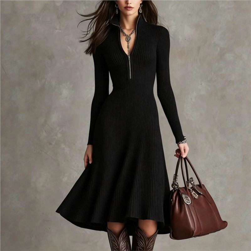 Vestido midi de punto acanalad - Bodycon Long Sleeve Ribbed Dress reseña y precio