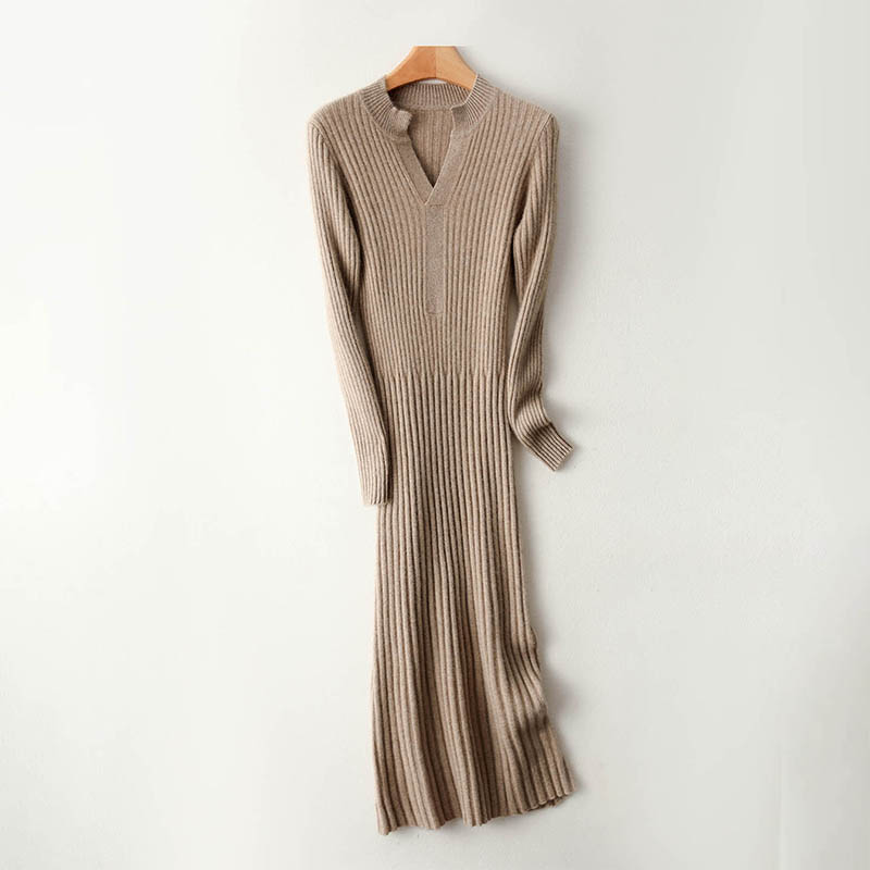 Vestido largo con cuello en V  - Bodycon Long Sleeve Ribbed Dress reseña y precio