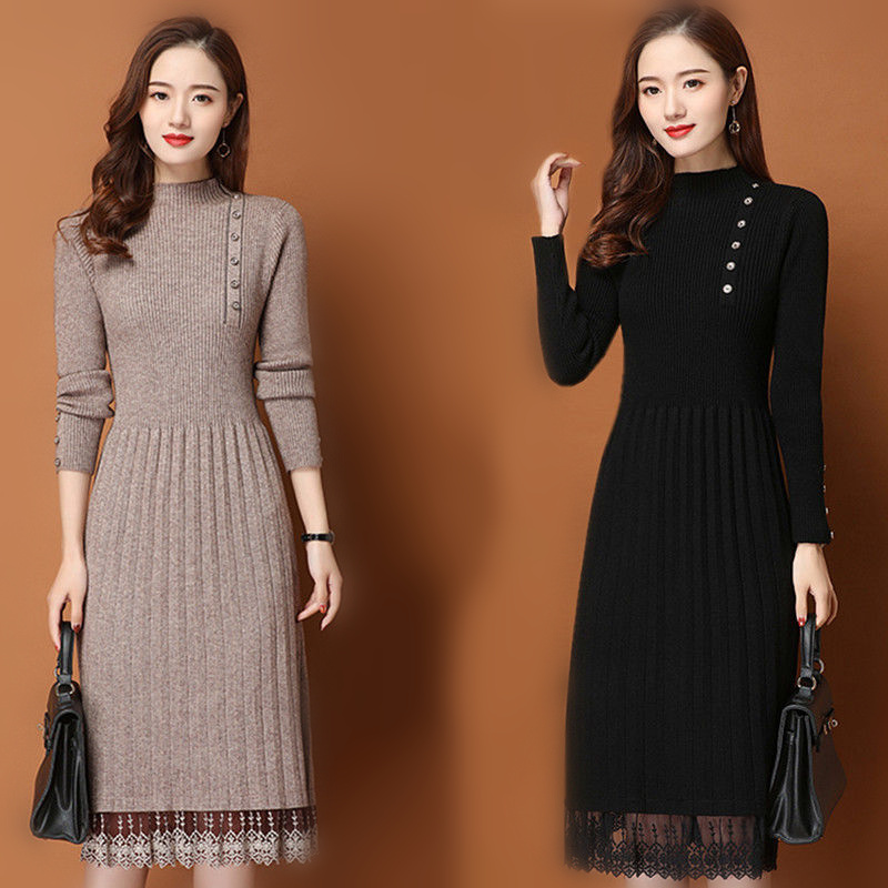 Botones de dobladillo de encaj - Bodycon Long Sleeve Ribbed Dress reseña y precio