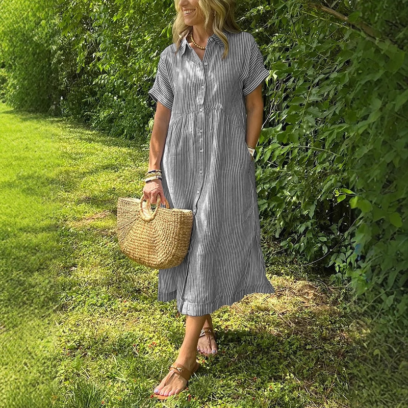 Vestido Camisero a Rayas para  - Casual Loose Linen Shirt Dress reseña y precio