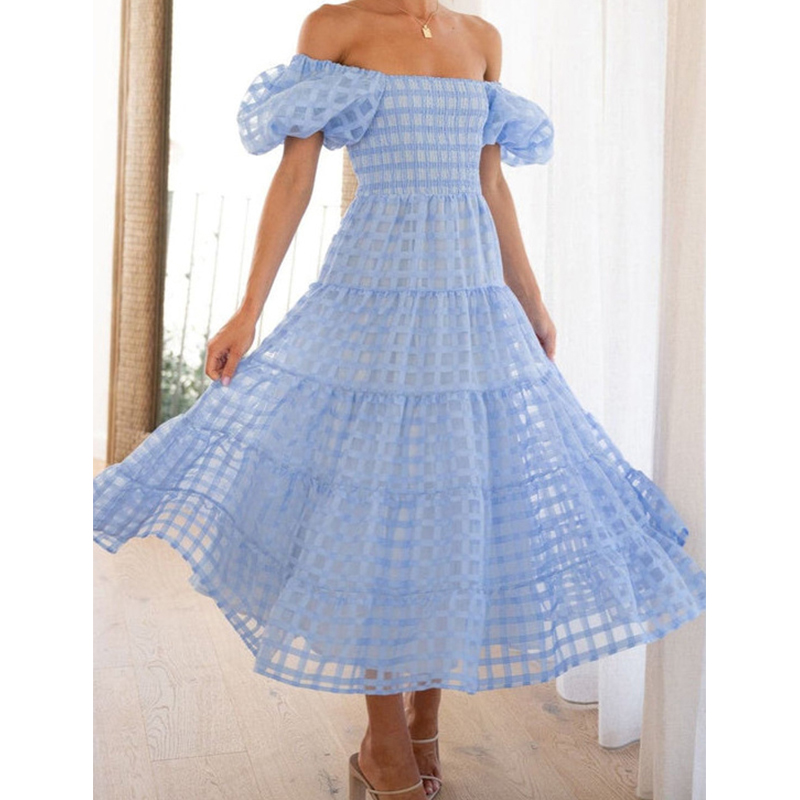 Vestido largo elegante de vera - Off Shoulder Puff Sleeve Sundress reseña y precio