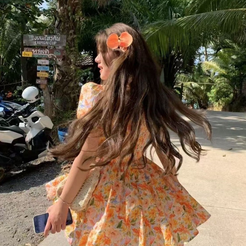 Vestido corto naranja con esta - Off Shoulder Puff Sleeve Sundress reseña y precio